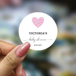 Pegatina Redonda Fiesta de Baby Shower de corazón rosado