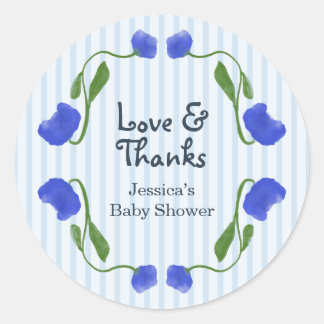 Pegatina Redonda Fiesta de Baby Shower Floral Azul Linda Amor y Gra