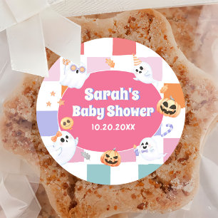 Pegatina Redonda Fiesta de Baby Shower Little Boo Halloween Groovy