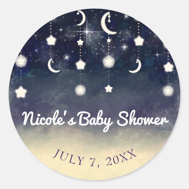 Pegatina Redonda Fiesta de Bebé Acuarela Celestial Resplandor de Es (Anverso)