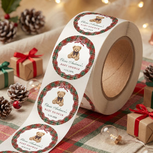 Pegatina Redonda Fiesta de Bebé de Navidad con Oso de Peluche Elega