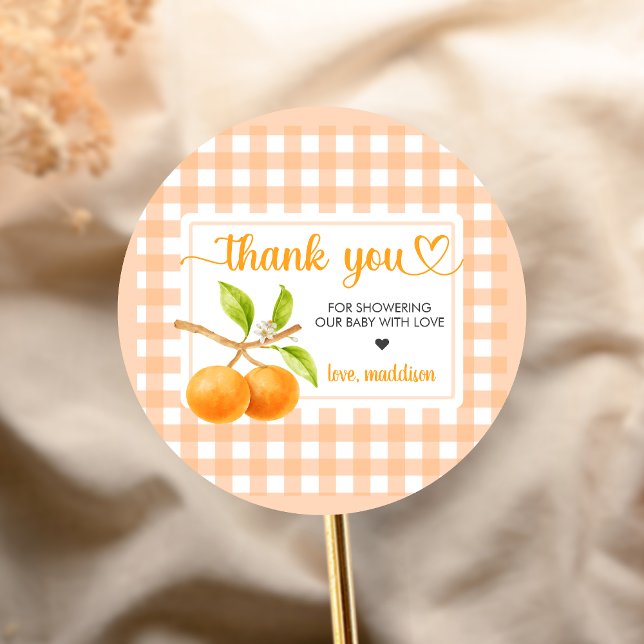 Pegatina Redonda Fiesta de Bebé en Cuadros Naranja (Little Cutie Orange Baby Shower Sticker)