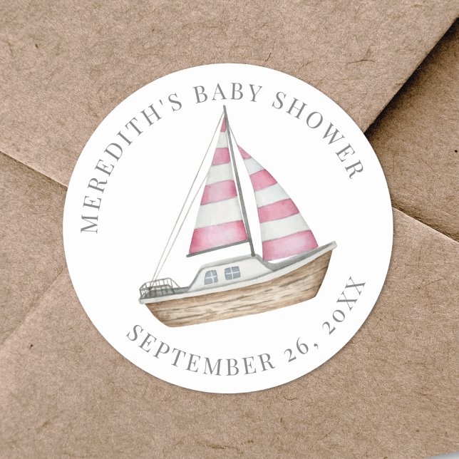 Pegatina Redonda Fiesta de Bebé Náutica Rosa (Pink Nautical Baby Shower Classic Round Sticker)