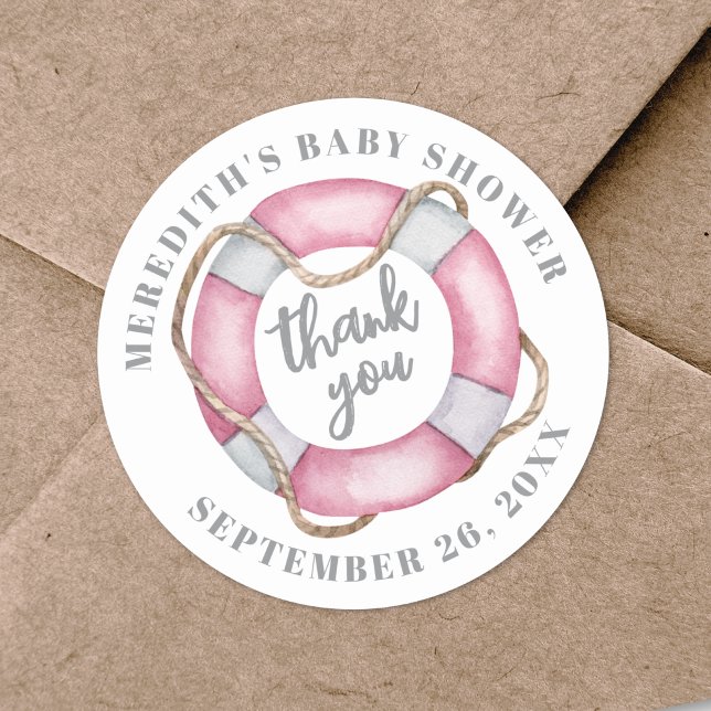 Pegatina Redonda Fiesta de Bebé Náutica Rosa (Pink Nautical Baby Shower Classic Round Sticker
)
