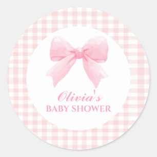 Pegatina Redonda Fiesta de bebé preppy con lazo rosa y cuadros ging