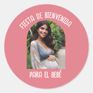 Pegatina Redonda Fiesta De Bienvenida Para El Bebé Con Foto