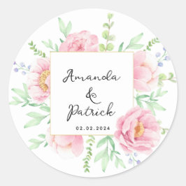 Pegatina Redonda Fiesta de Boda de Flores de Peón Rosa de Acuarela