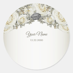 Pegatina Redonda Fiesta de Boda Floral Blanco Verde Beige Moderno