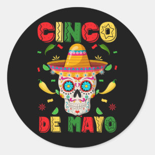 Pegatina Redonda Fiesta De Cinco De Mayo Calavera De Azúcar Hombres
