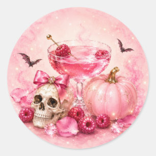 Pegatina Redonda Fiesta de Cóctel de Chicas de Halloween Rosa
