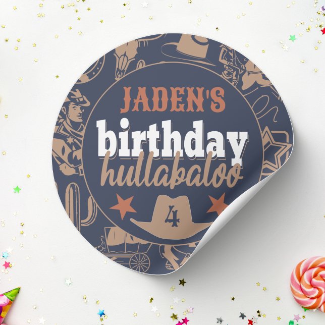 Pegatina Redonda fiesta de Cowboy Occidental "Birthday Hullabaloo" (cowboy Wild West birthday hullabaloo kids birthday party blue orange tan custom name and age)