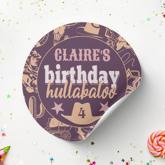 Pegatina Redonda fiesta de Cowboy Occidental "Birthday Hullabaloo" (birthday hullabaloo sticker purple and orange Wild West Country cowgirl birthday party custom name )