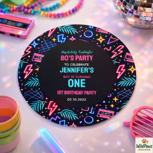 Pegatina Redonda Fiesta de cumpleaños 1º Modern Retro Neon 80’s