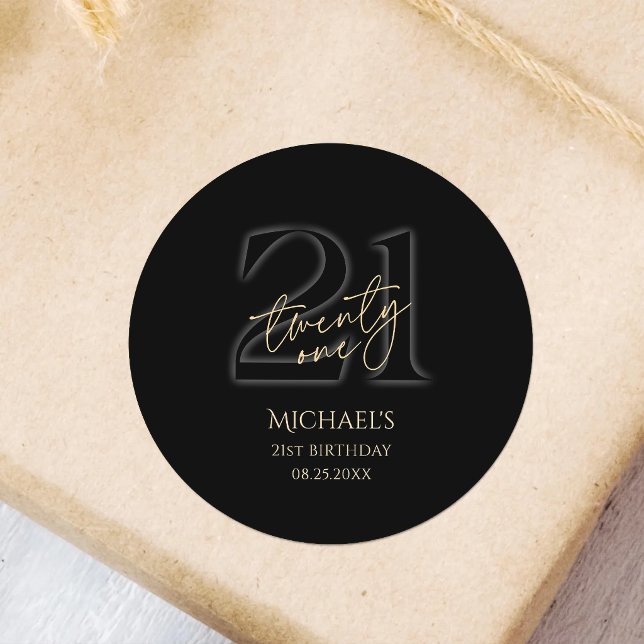 Pegatina Redonda Fiesta de Cumpleaños 21 de Modern Black Gold (Modern Black Gold 21st Birthday Party Classic Round Sticker)