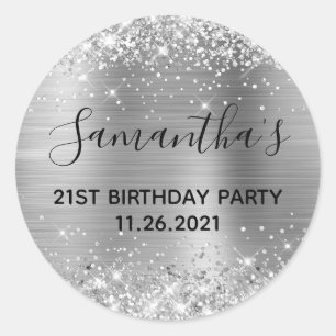Pegatina Redonda Fiesta de cumpleaños 21 Glittery Silver Foil