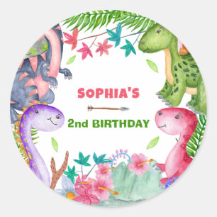 Pegatina Redonda Fiesta de cumpleaños 2 de dinosaurio de niña linda