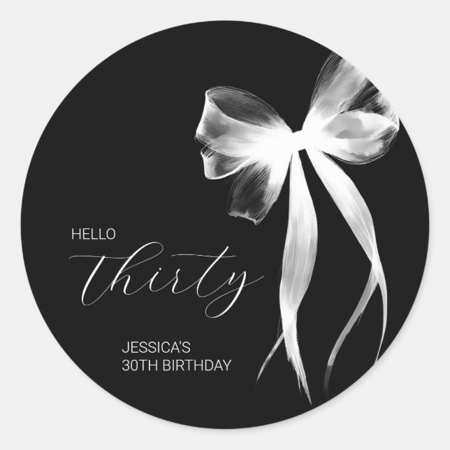 Pegatina Redonda Fiesta de cumpleaños 30 Girly White Script Thirty  (Anverso)