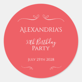 Pegatina Redonda Fiesta de Cumpleaños 50 Moderno Rosa Rojo
