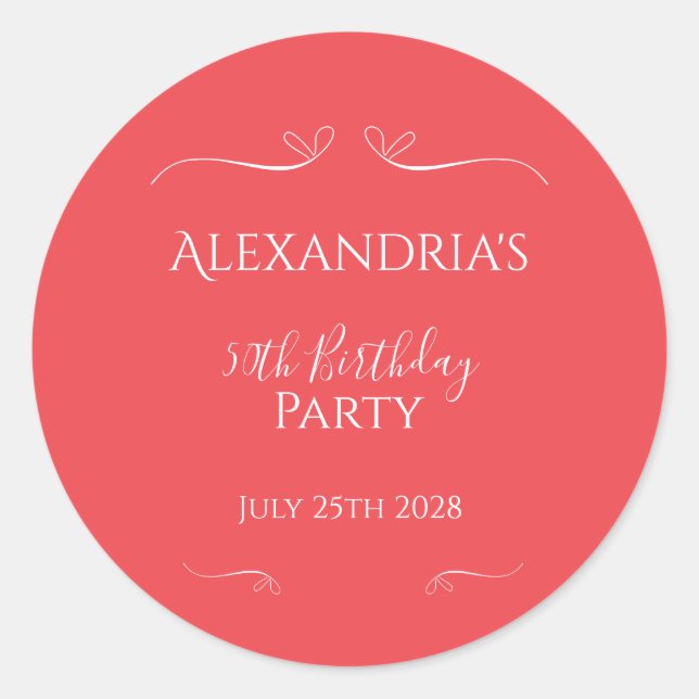 Pegatina Redonda Fiesta de Cumpleaños 50 Moderno Rosa Rojo (Anverso)