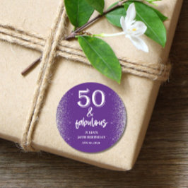 Pegatina Redonda Fiesta de cumpleaños 50 Purple, Purpurina de Plata