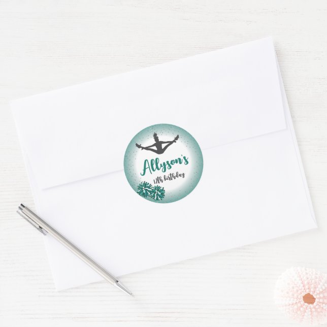 Pegatina Redonda Fiesta de cumpleaños animadora, verde de cualquier (Sobre)