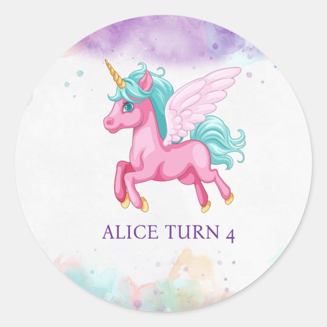 Pegatina Redonda Fiesta de Cumpleaños Arcoíris de Unicornio Rosa Má (Anverso)