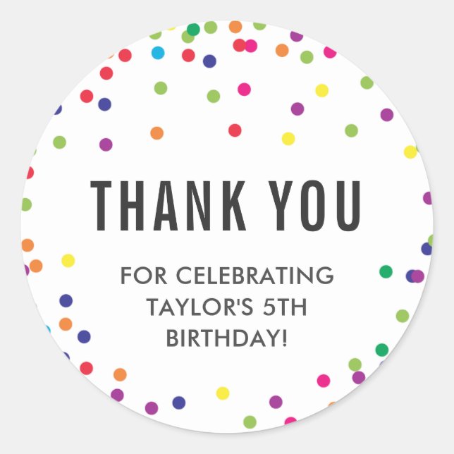 Pegatina Redonda Fiesta de cumpleaños arcoiris gracias Pegatinas (Anverso)