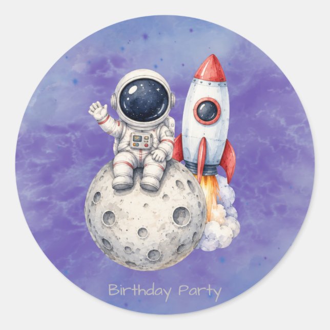 Pegatina Redonda Fiesta de Cumpleaños Astronauta al Espacio con Acu (Anverso)