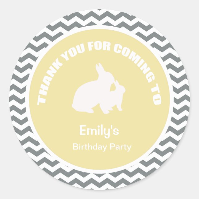 Pegatina Redonda fiesta de cumpleaños Bunny gracias amarillo (Anverso)