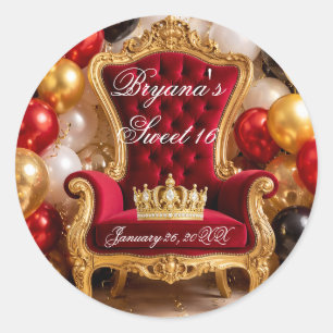 Pegatina Redonda Fiesta de cumpleaños con silla real coronada en or