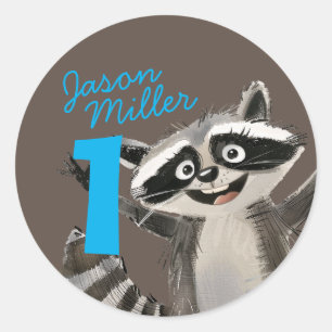 Pegatina Redonda Fiesta de cumpleaños con tema de mapache para bebé