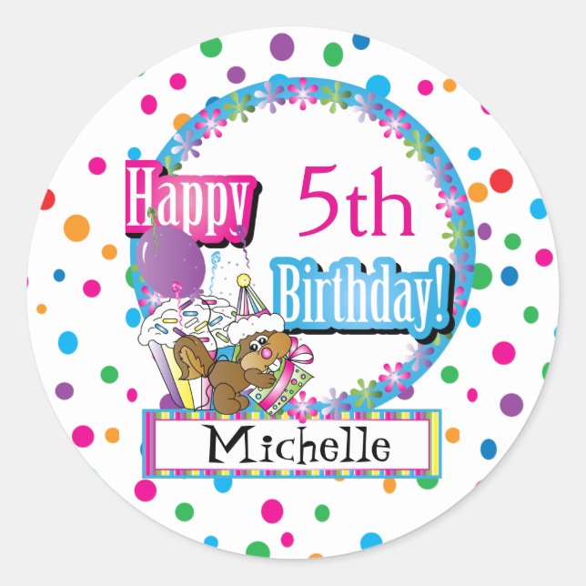 Pegatina Redonda Fiesta de cumpleaños con una ardilla Personalizado (Anverso)