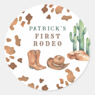 Pegatina Redonda Fiesta de Cumpleaños Cowboy Wild West 1er Rodeo