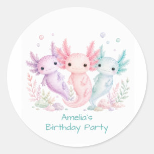 Pegatina Redonda Fiesta de Cumpleaños de Axolotl Pastel