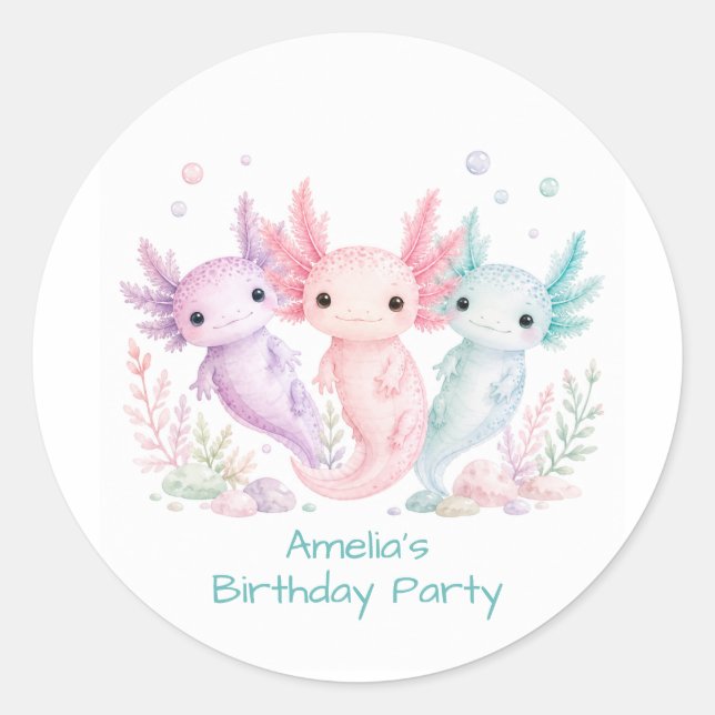 Pegatina Redonda Fiesta de Cumpleaños de Axolotl Pastel (Anverso)
