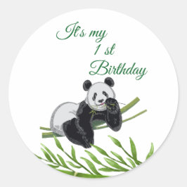 Pegatina Redonda Fiesta de cumpleaños de Bamboo Cute Panda Greenery