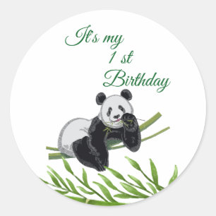 Pegatina Redonda Fiesta de cumpleaños de Bamboo Cute Panda Greenery