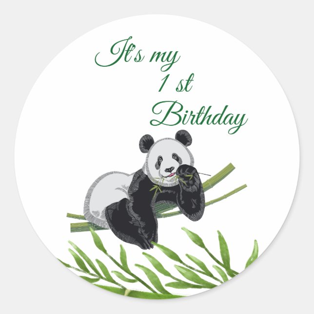 Pegatina Redonda Fiesta de cumpleaños de Bamboo Cute Panda Greenery (Anverso)