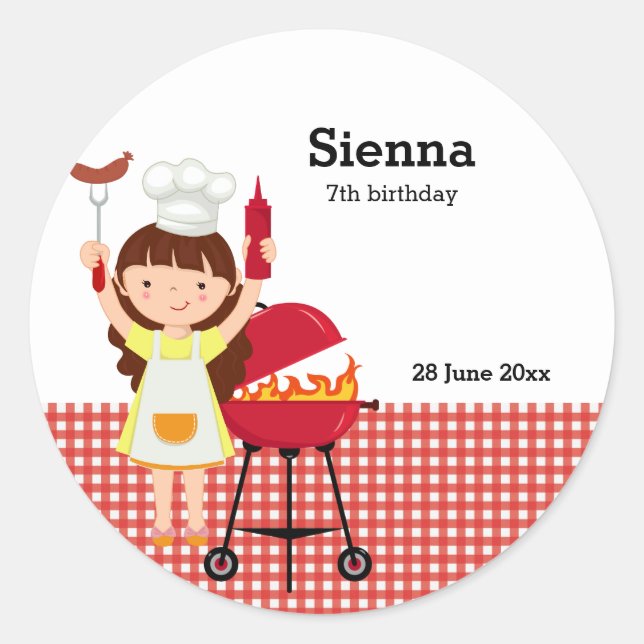 Pegatina Redonda fiesta de cumpleaños de BBQ (Anverso)