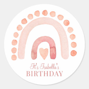 Pegatina Redonda Fiesta de cumpleaños de Boho Rainbow Pink Kid