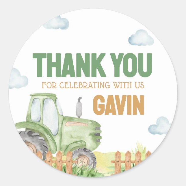 Pegatina Redonda Fiesta de cumpleaños de Boy Green Tractor (Anverso)