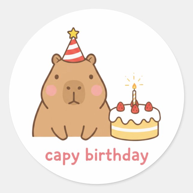 Pegatina Redonda Fiesta de Cumpleaños de Capy Capybara Lindo (Anverso)
