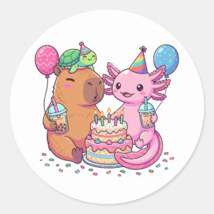 Pegatina Redonda Fiesta de Cumpleaños de Capybara y Axolotl Kawaii 