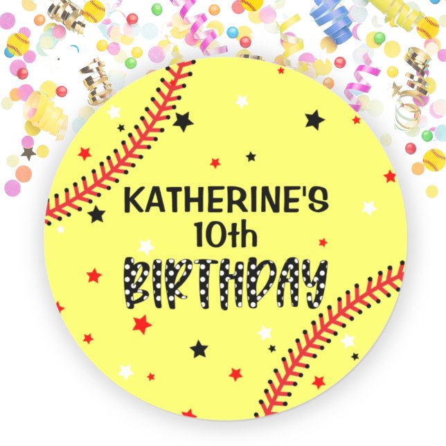 Pegatina Redonda Fiesta de cumpleaños de chicas en Softball (Girls Softball Birthday Party Classic Round Sticker)