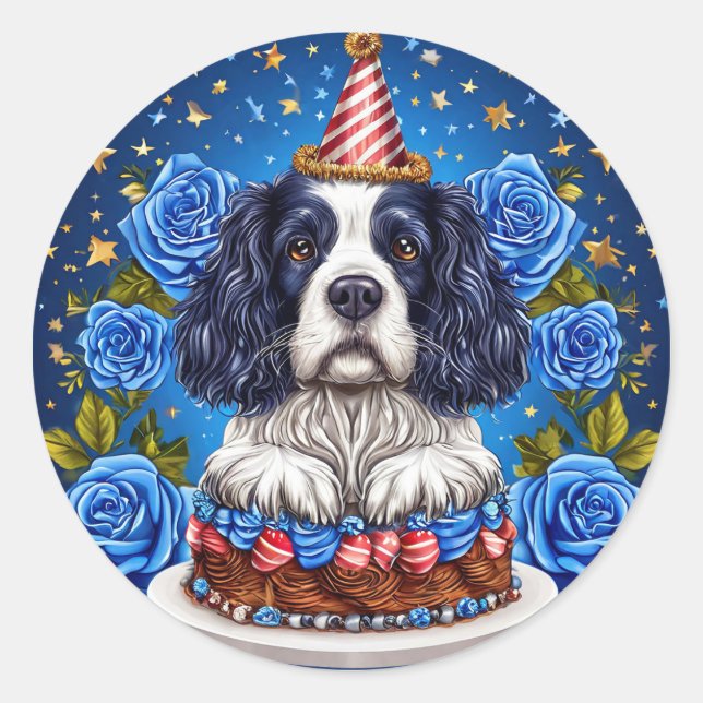Pegatina Redonda 🐶 Fiesta de Cumpleaños de Cocker Spaniel para Ama (Anverso)