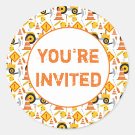 Pegatina Redonda Fiesta de cumpleaños de construcción a la que te i