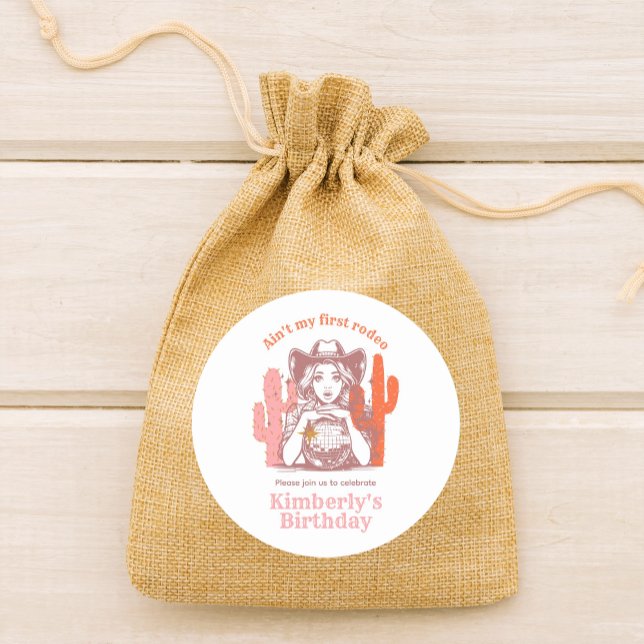 Pegatina Redonda Fiesta de cumpleaños de Cowgirl Rosa Retro Disco B (Subido por el creador)