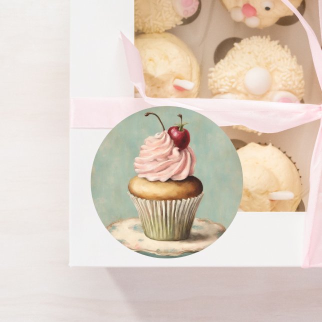 Pegatina Redonda Fiesta de Cumpleaños de Cupcake Rosa Francés Antig (Vintage French Pink Cupcake Birthday Tea Party Classic Round Sticker)