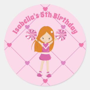 Pegatina Redonda Fiesta de cumpleaños de Cute Redhead CheerLeader 