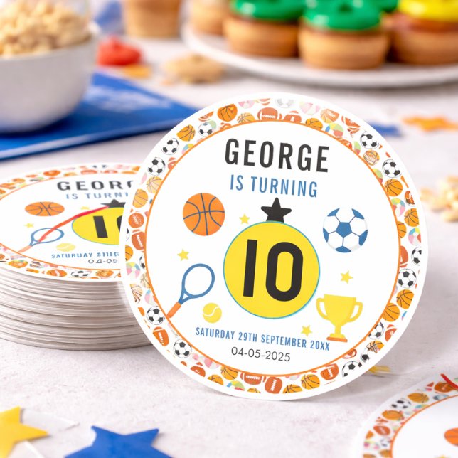 Pegatina Redonda Fiesta de Cumpleaños de Deportes Modernos para Niñ (Boys Modern Sports Birthday Party | Game Day Theme Classic Round Sticker
)